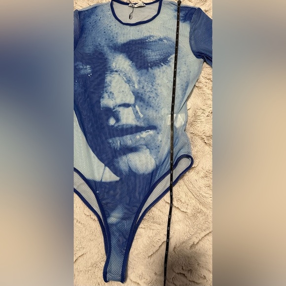 Zara Blue Sheer Mesh Long Sleeve Top Bodysuit - Picture 8 of 10